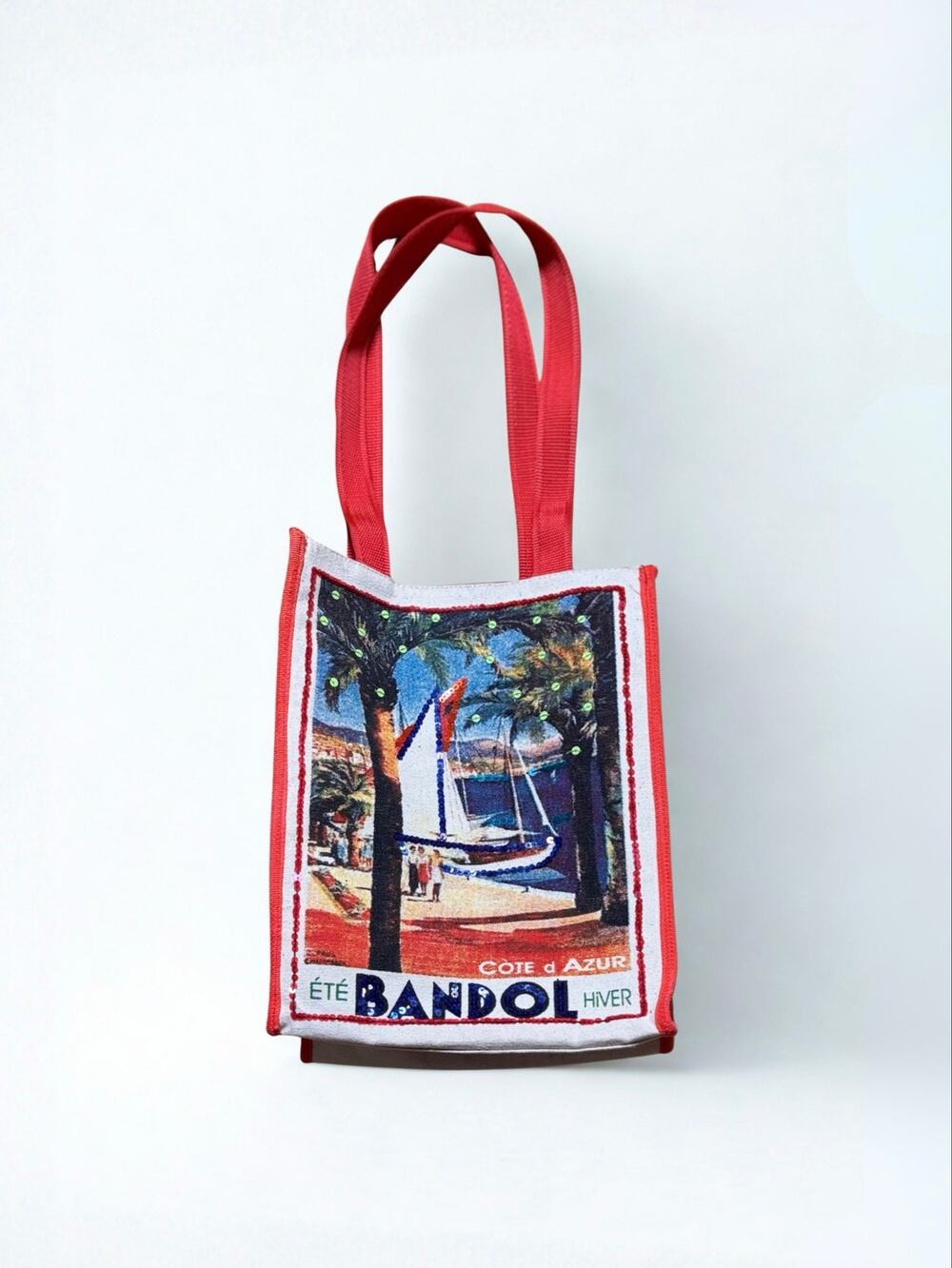 Art Deco Euro Tote Bag Bandol French Riviera Print Sequined Details